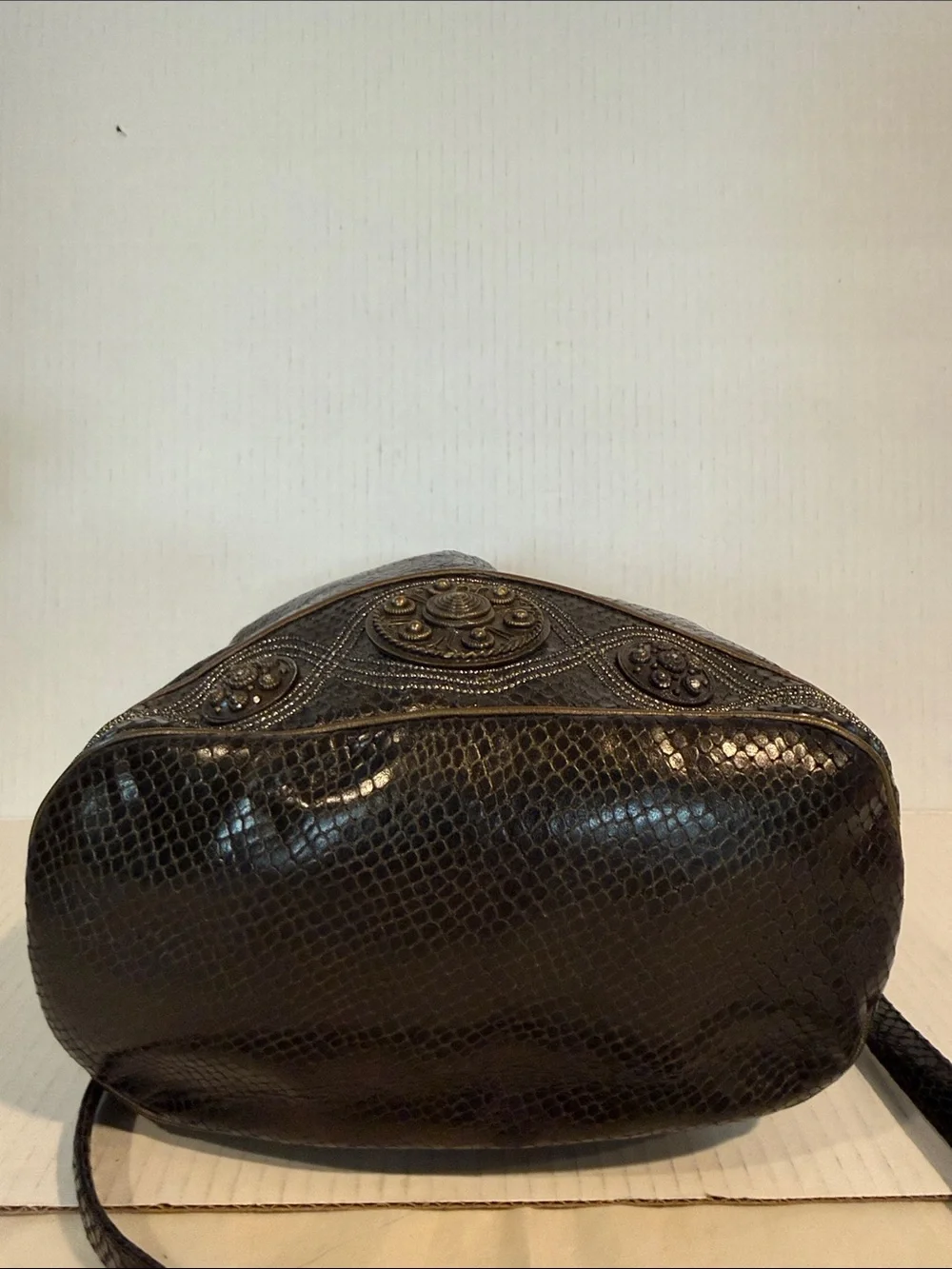 Sharif Black  & Bronze Textured Drawstring Vintage Bucket Crossbody Bag